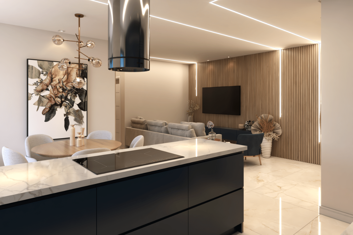 Living integrado à cozinha, bancada escura, mesa de jantar com cadeiras estofadas e luminária pendente, evidenciando ambientes colaborativos, organização e foco em performance.