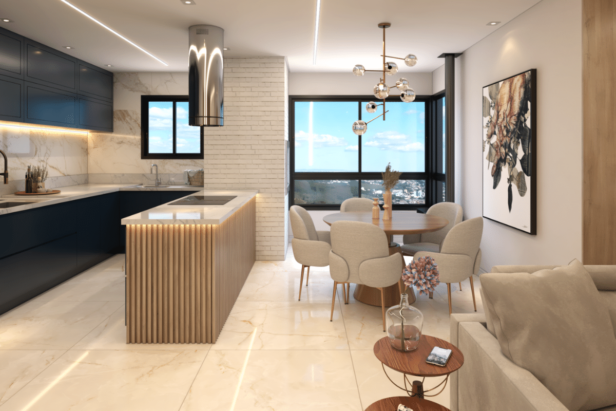 Cozinha americana integrada à sala de jantar, ilha central em madeira ripada, armários claros e iluminação natural, reforçando design moderno, objetividade e excelência em soluções residenciais.