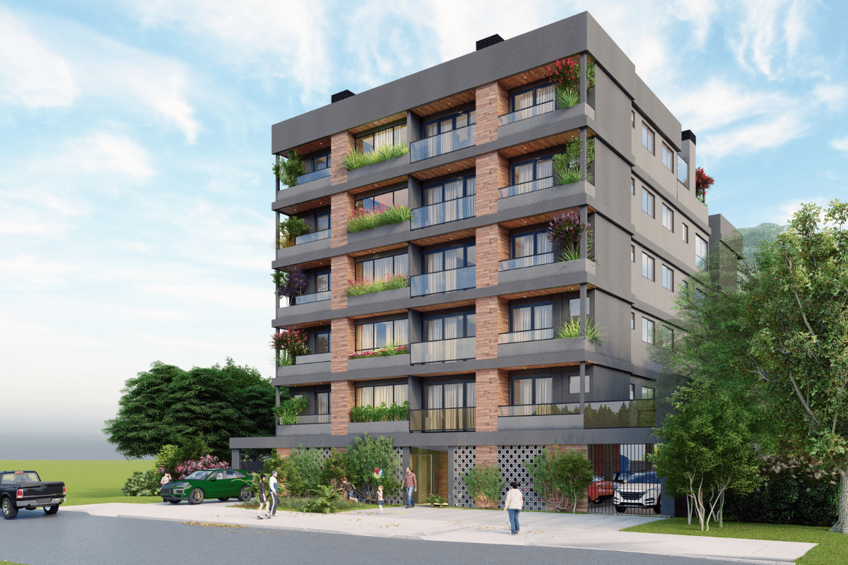 Fachada de edifício residencial com varandas, vagas para veículos e áreas verdes, simbolizando organização, relacionamento sólido e foco em experiência diferenciada.