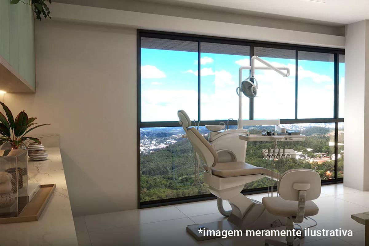 Vista detalhada do consultório odontológico, cadeira de atendimento próxima à janela ampla que revela paisagem natural, espaço organizado e funcional, refletindo objetividade, conforto e padrões elevados nos ambientes comerciais desenvolvidos.