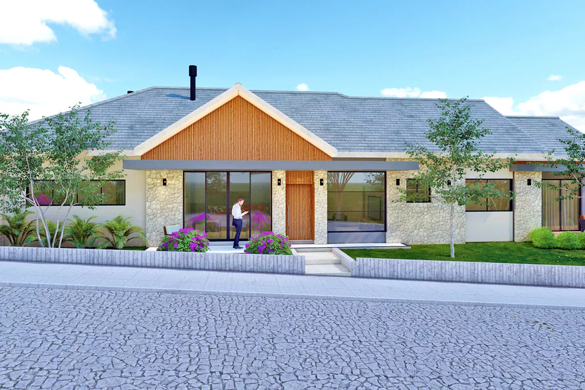 Obras casa NF - Fachada de casa com design moderno, portas em vidro e madeira, paisagismo planejado e ambientes integrados, refletindo inovação e assertividade.