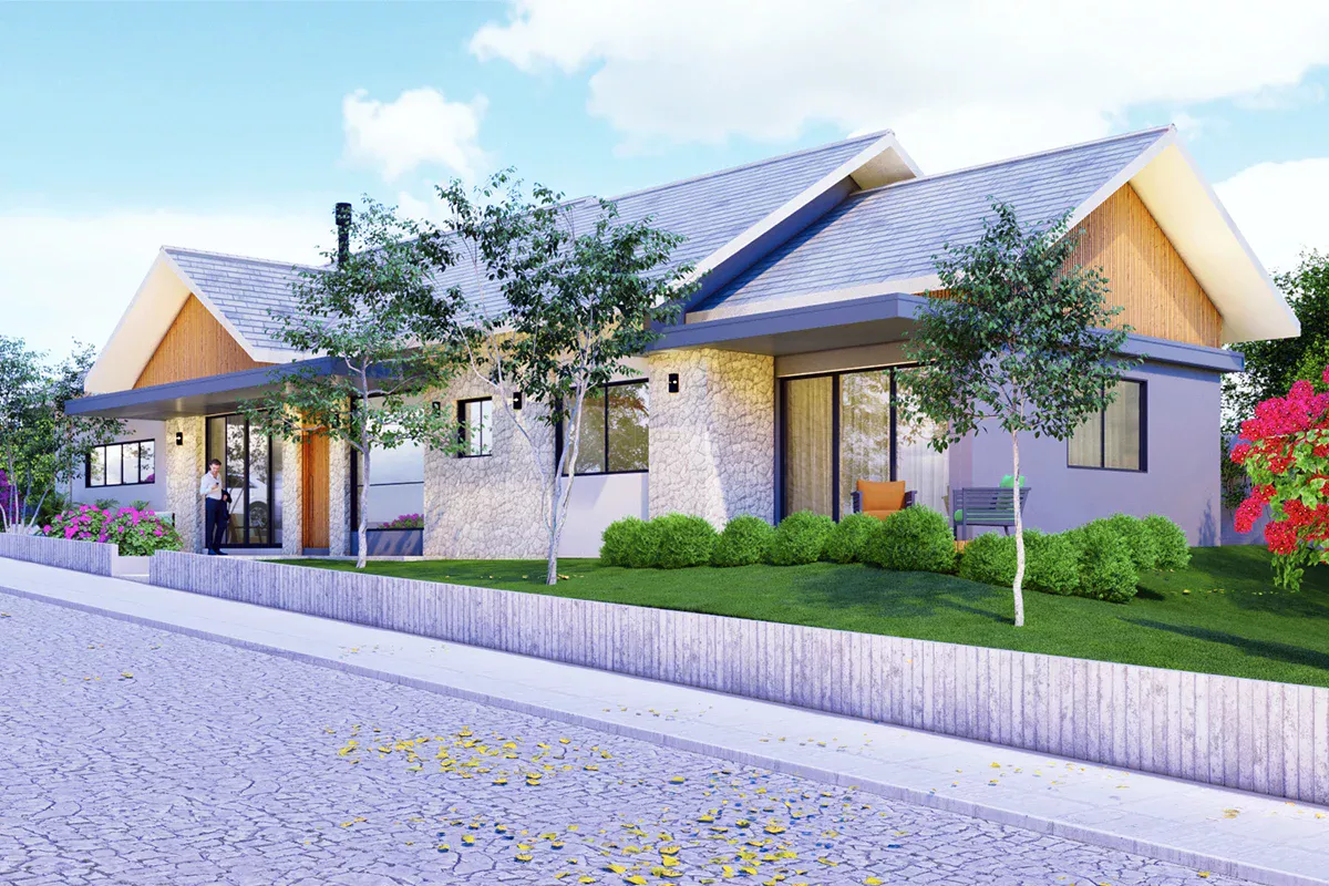 Obras casa NF - Fachada residencial térrea, detalhes em madeira e pedra, jardim, entrada acessível e família na varanda, simbolizando atendimento consultivo e construção de relacionamentos sólidos.