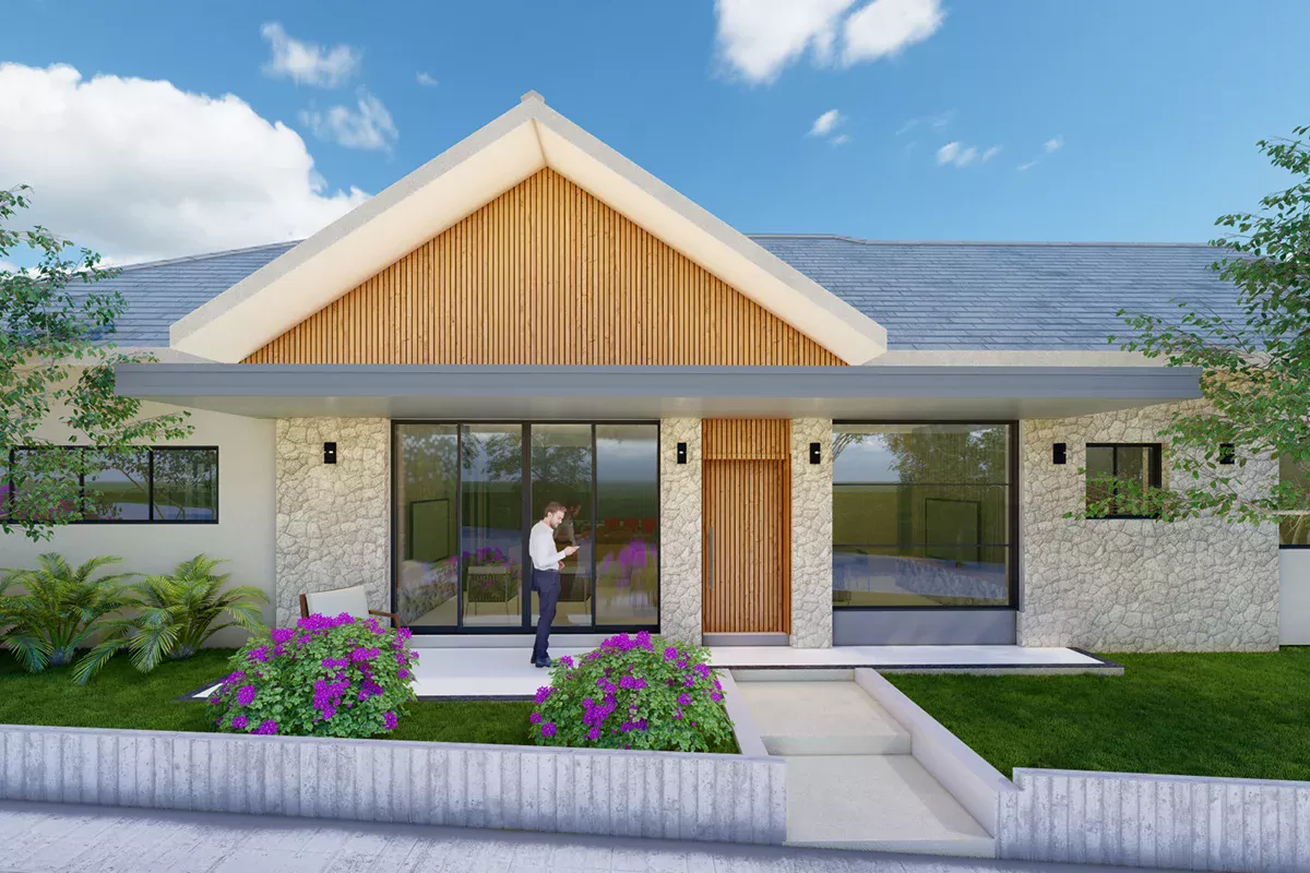 Obras casa NF - Residência térrea com elementos em madeira e pedra, varanda frontal e paisagismo funcional, evidenciando soluções personalizadas e foco em performance.