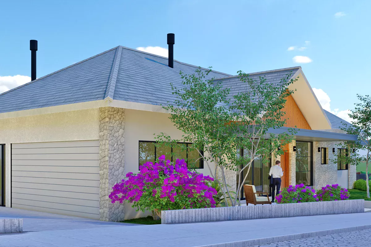 Obras casa NF - Casa térrea contemporânea com fachada em pedra e madeira, área ajardinada e caminho pavimentado, reforçando objetividade, conforto e excelência técnica.